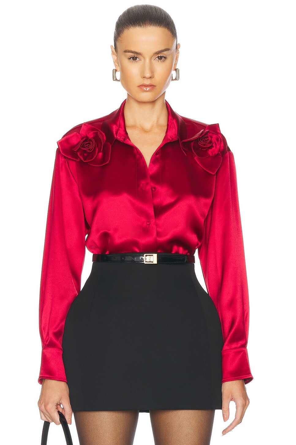 Рубашка на пуговицах из флористического атласа с двумя розами AKNVAS, цвет Poppy 
Рубашка на пуговицах из флористического атласа с двумя розами AKNVAS, цвет Poppy