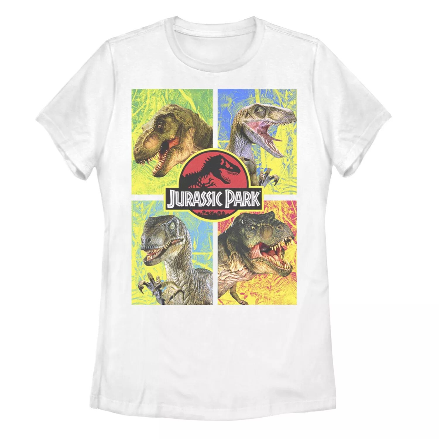 Футболка «Парк Юрского периода» для юниоров с четырьмя разными лицами динозавров Licensed Character, белый