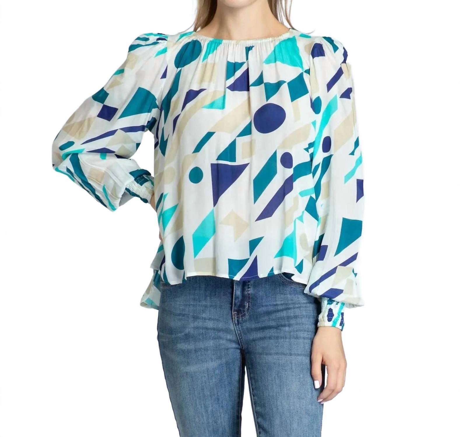 Smock Pullover Top In Blue/beige Multi APNY 
Smock Pullover Top In Blue/beige Multi APNY