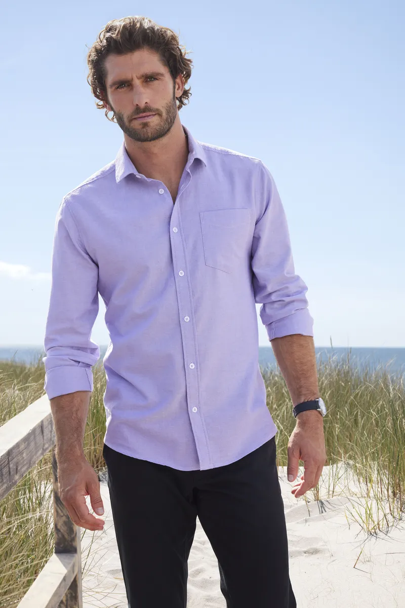 Рубашка H.I.S с длинными рукавами, воротником Кент, качество Оксфорд, из чистого хлопка, фиолетовый 
Рубашка H.I.S с длинными рукавами, воротником Кент, качество Оксфорд, из чистого хлопка, фиолетовый