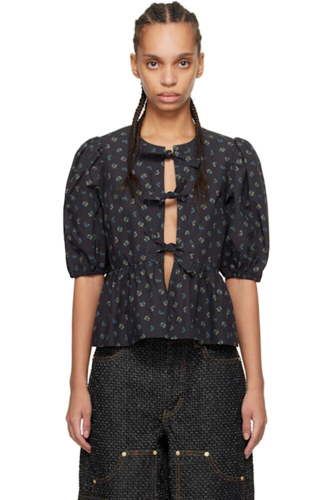 Черная хлопковая блузка с баской и принтом GANNI
Черная хлопковая блузка с баской и принтом GANNI