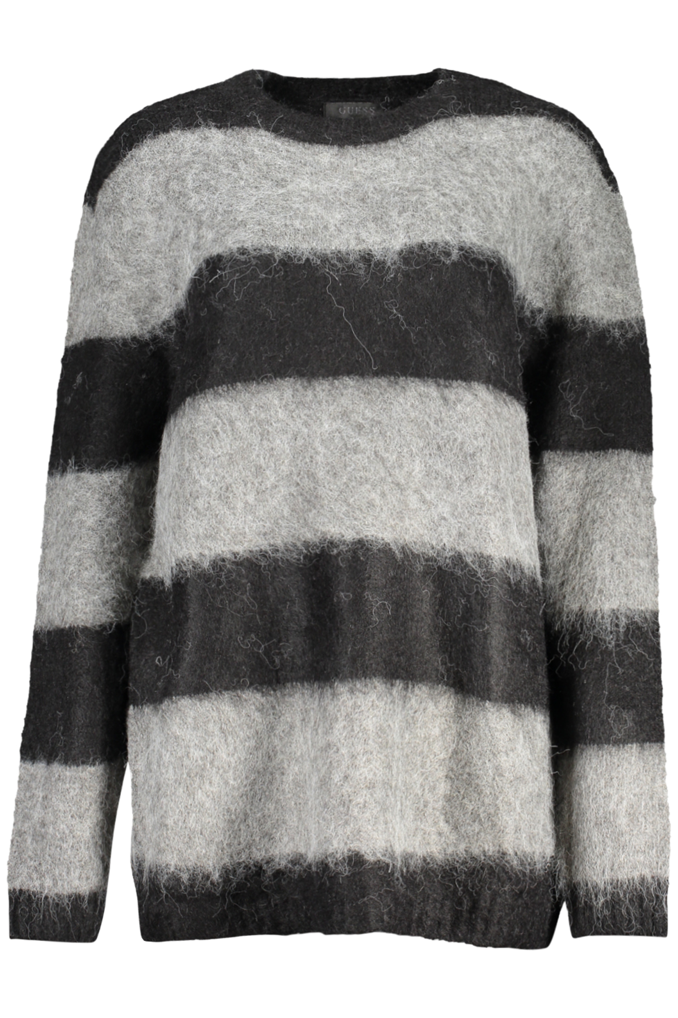 Свитер женский Guess Jeans макси в полоску, черно-серый 
Свитер женский Guess Jeans макси в полоску, черно-серый