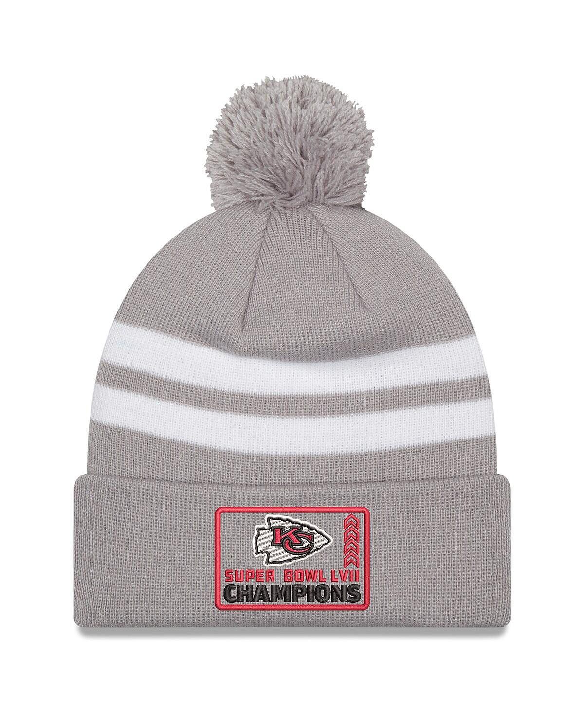 Мужская серая вязаная шапка Kansas City Chiefs Super Bowl LVII Champions с полосками и манжетами с помпоном New Era
Мужская серая вязаная шапка Kansas City Chiefs Super Bowl LVII Champions с полосками и манжетами с помпоном New Era