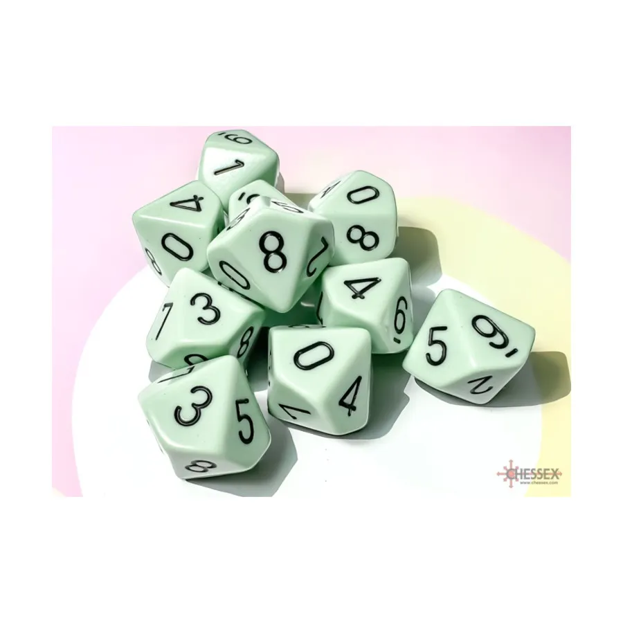 d10 Зеленый с черным (10), Dice - Opaque Pastel (Chessex)
d10 Зеленый с черным (10), Dice - Opaque Pastel (Chessex)