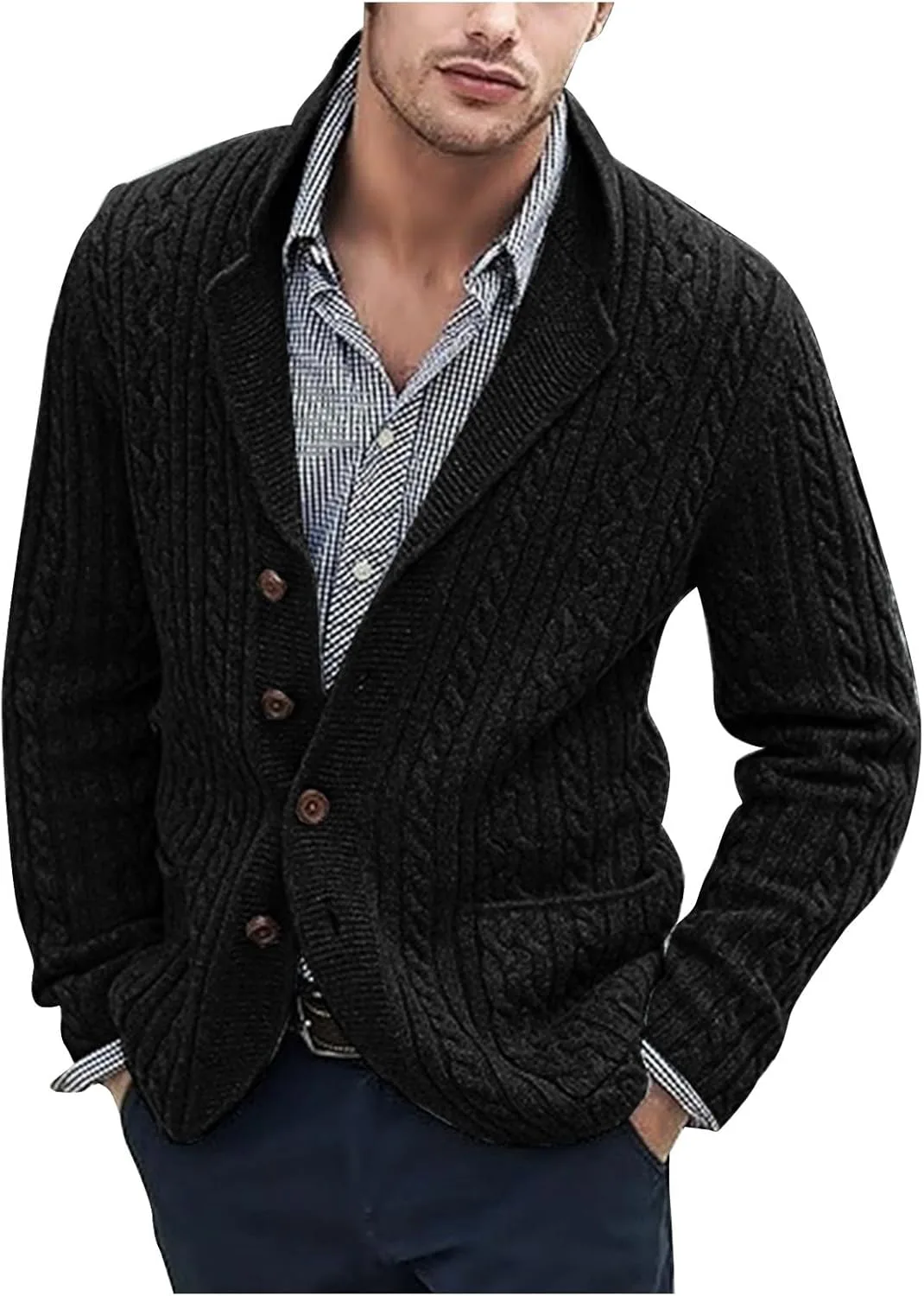 Мужской кардиган с воротником стойкой на пуговицах, вязаный крупной вязкой, свободного кроя, с карманом Auwer
Мужской кардиган с воротником стойкой на пуговицах, вязаный крупной вязкой, свободного кроя, с карманом Auwer