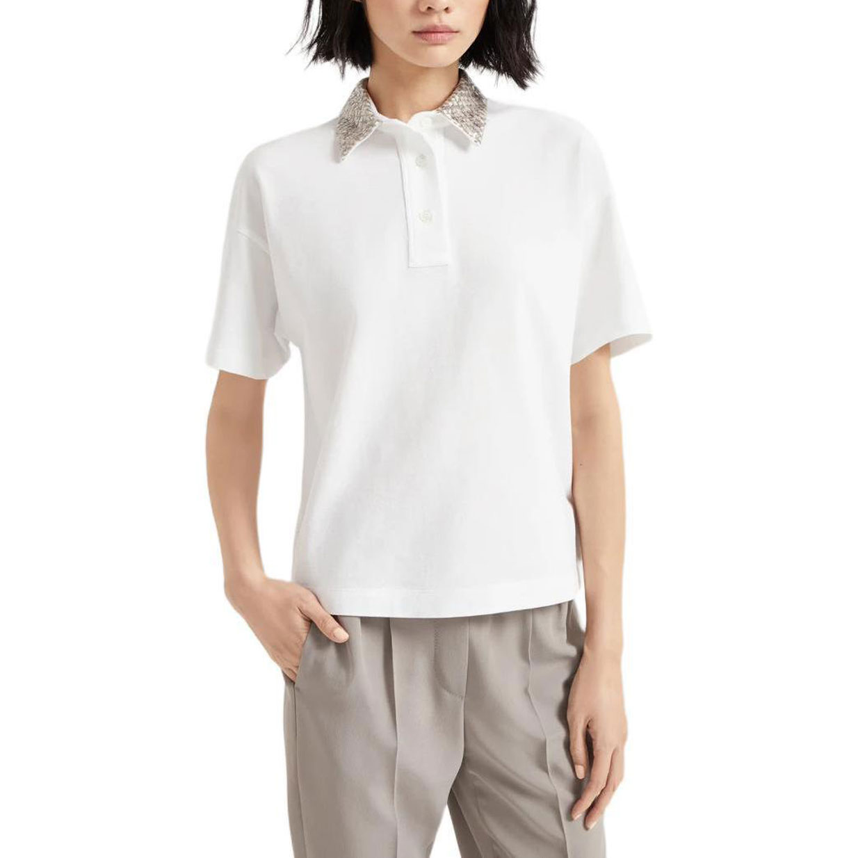 Поло с коротким рукавом и пайетками Brunello Cucinelli, белый
Поло с коротким рукавом и пайетками Brunello Cucinelli, белый