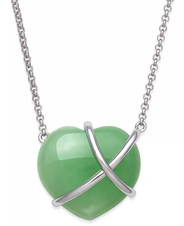 Ожерелье с подвеской в виде перекрещивающихся сердец из окрашенного нефрита, стерлинговое серебро, 17-1/2 дюйма + удлинитель 2 дюйма Macy'S, jade