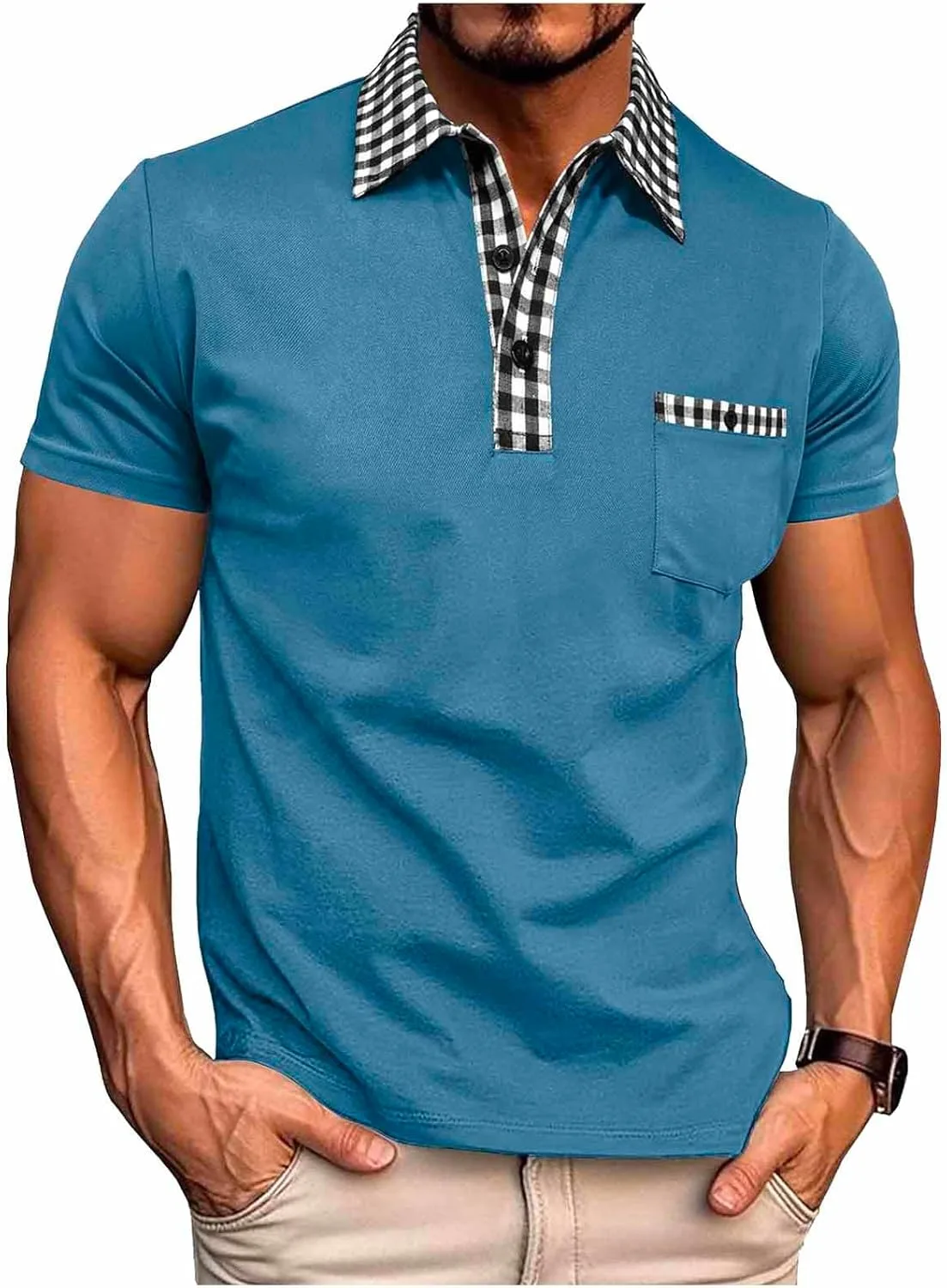 Мужская поло с клетчатым воротником и нагрудным карманом
Мужская поло с клетчатым воротником и нагрудным карманом