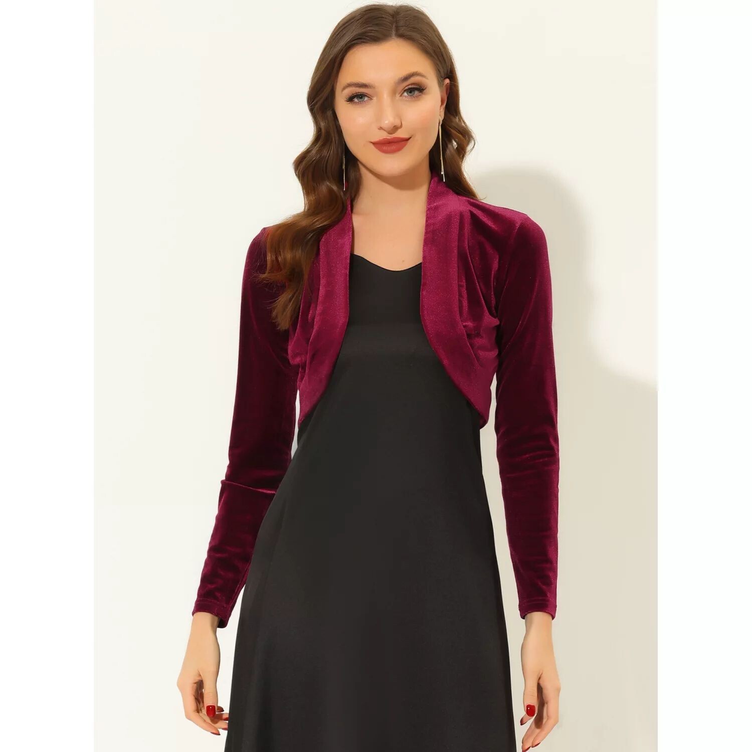 Женское бархатное укороченное болеро с длинными рукавами и открытым передом ALLEGRA K
Женское бархатное укороченное болеро с длинными рукавами и открытым передом ALLEGRA K