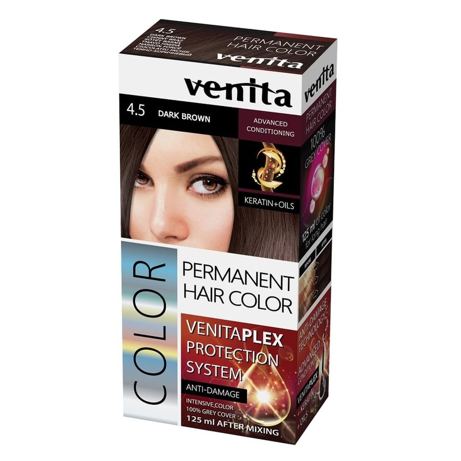 Venita, Plex Protection System Permanent Hair Color, краска для волос с системой защиты цвета 4.5 Темно-коричневый
Venita, Plex Protection System Permanent Hair Color, краска для волос с системой защиты цвета 4.5 Темно-коричневый