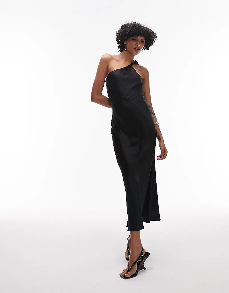 & Other Stories Платье миди из атласа на одно плечо с витыми бретелями черного цвета