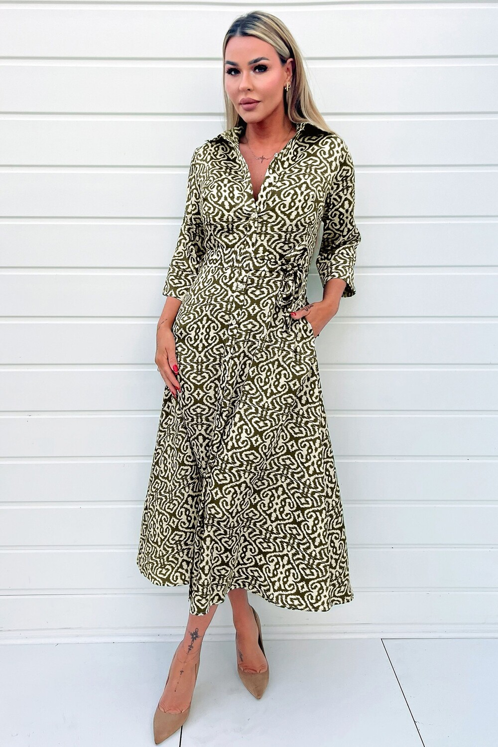 Платье-Рубашка миди с узором Ax Paris, зеленый 
Платье-Рубашка миди с узором Ax Paris, зеленый