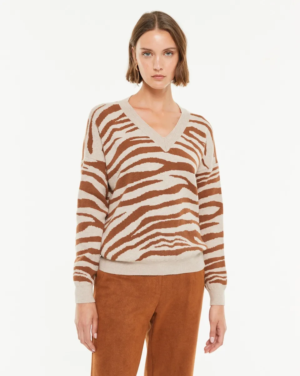 Женский джемпер с анималистичным принтом и V-образным вырезом Paz Torras, коричневый/белый
Женский джемпер с анималистичным принтом и V-образным вырезом Paz Torras, коричневый/белый