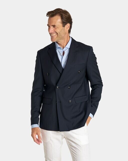 Однотонный мужской двубортный пиджак синего стандарта Spagnolo, темно-синий 
Однотонный мужской двубортный пиджак синего стандарта Spagnolo, темно-синий