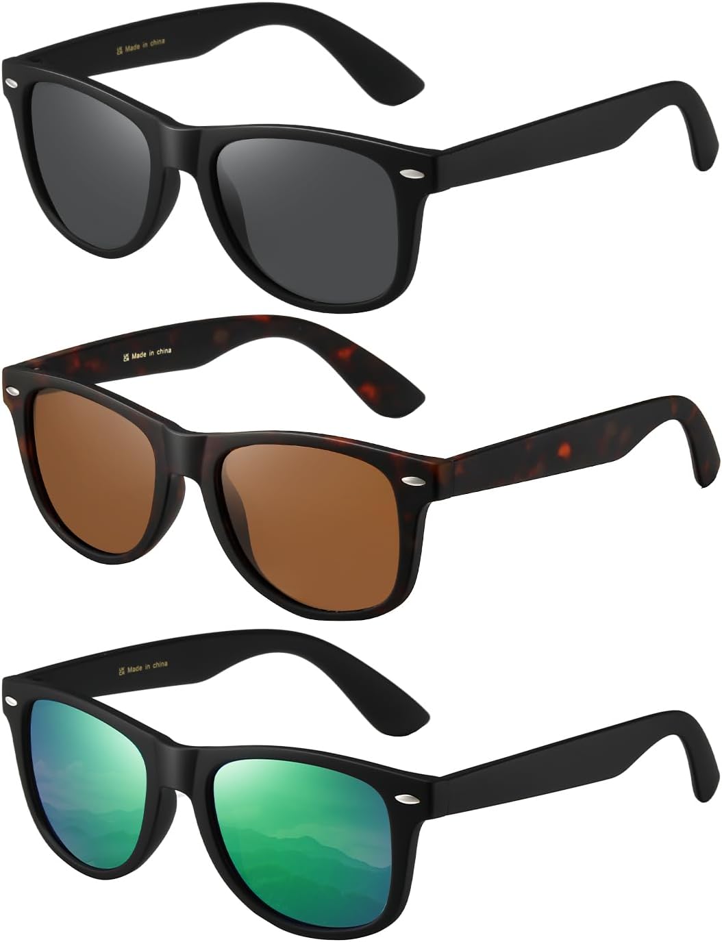 Солнцезащитные очки MASDUN Retro Polarized для мужчин и женщин, классические солнцезащитные очки с защитой от УФ-излучения MD2140 (комплект из 3 штук), Black/Grey+tortoise/Brown+black/Green
Солнцезащитные очки MASDUN Retro Polarized для мужчин и женщин, классические солнцезащитные очки с защитой от УФ-излучения MD2140 (комплект из 3 штук), Black/Grey+tortoise/Brown+black/Green