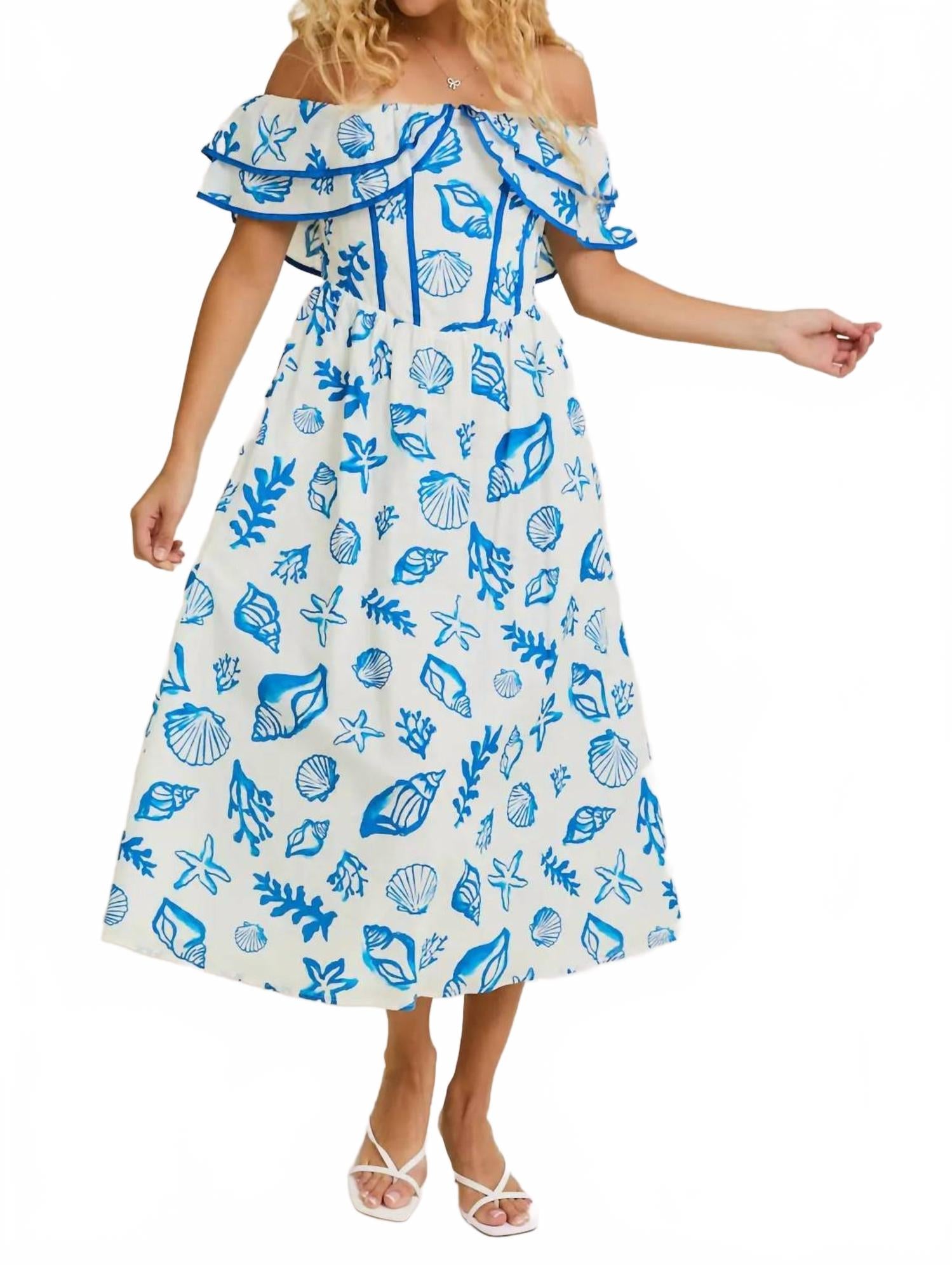 Шелли платье миди с открытыми плечами в бело-голубом цвете LE LIS
Шелли платье миди с открытыми плечами в бело-голубом цвете LE LIS