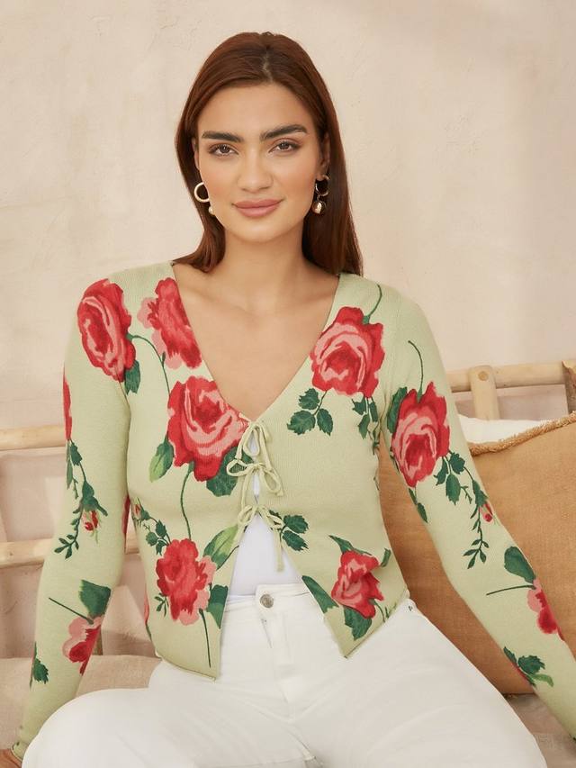 Кардиган с галстуком и розовым принтом спереди Yumi, зеленый/разноцветный
Кардиган с галстуком и розовым принтом спереди Yumi, зеленый/разноцветный