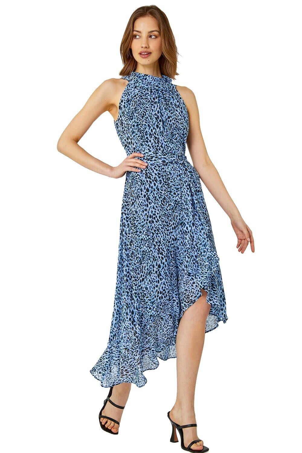 Платье миди с анималистическим принтом и вырезом через шею Roman, синий 
Платье миди с анималистическим принтом и вырезом через шею Roman, синий