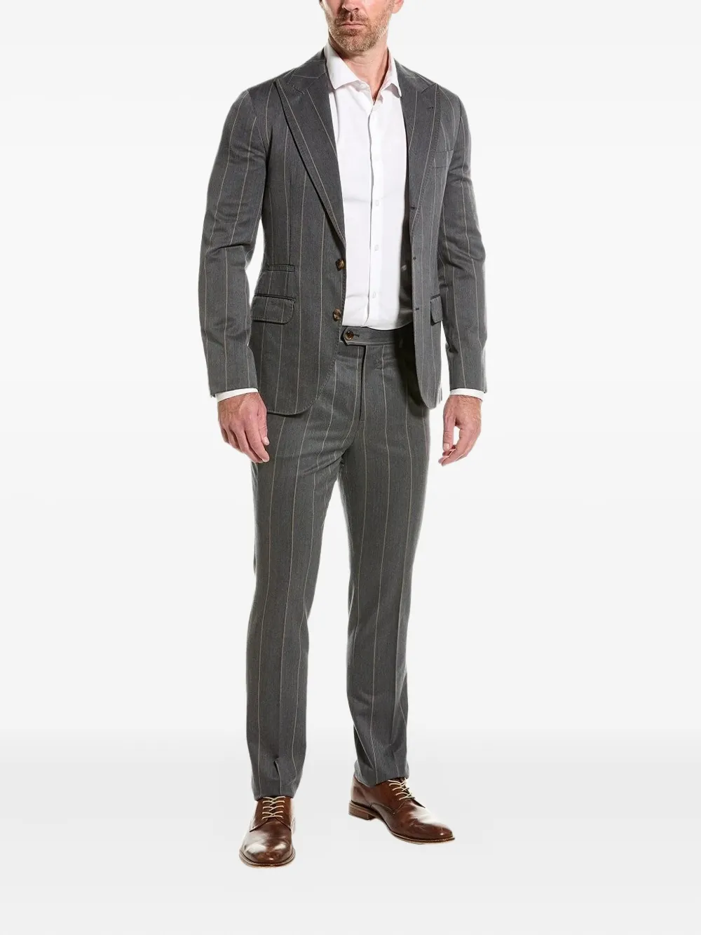 Полосатый костюм с однобортным пиджаком Brunello Cucinelli, серый
Полосатый костюм с однобортным пиджаком Brunello Cucinelli, серый