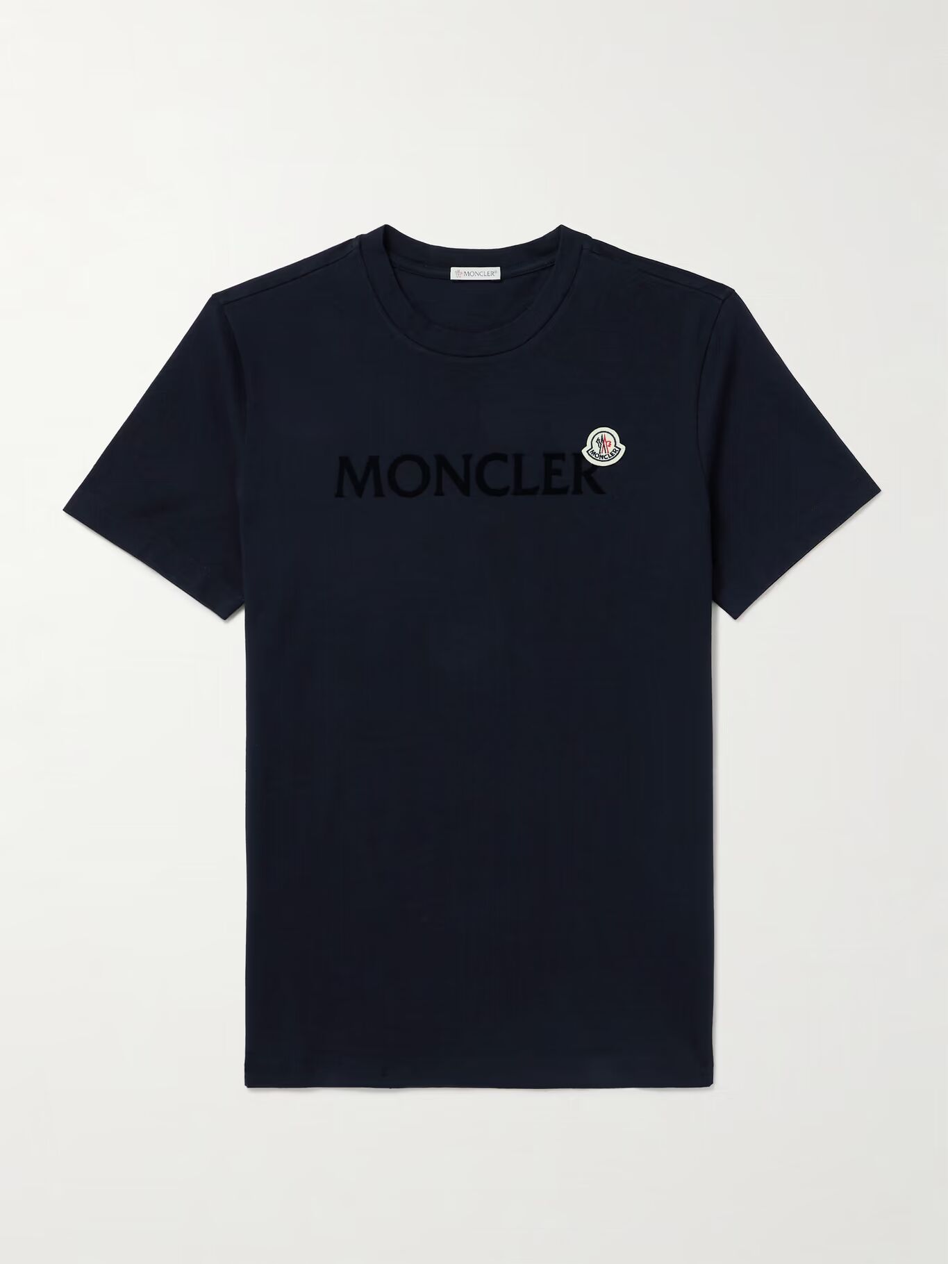 Футболка облегающего кроя из хлопкового джерси с логотипом и флокированным узором MONCLER, темно-синий 
Футболка облегающего кроя из хлопкового джерси с логотипом и флокированным узором MONCLER, темно-синий