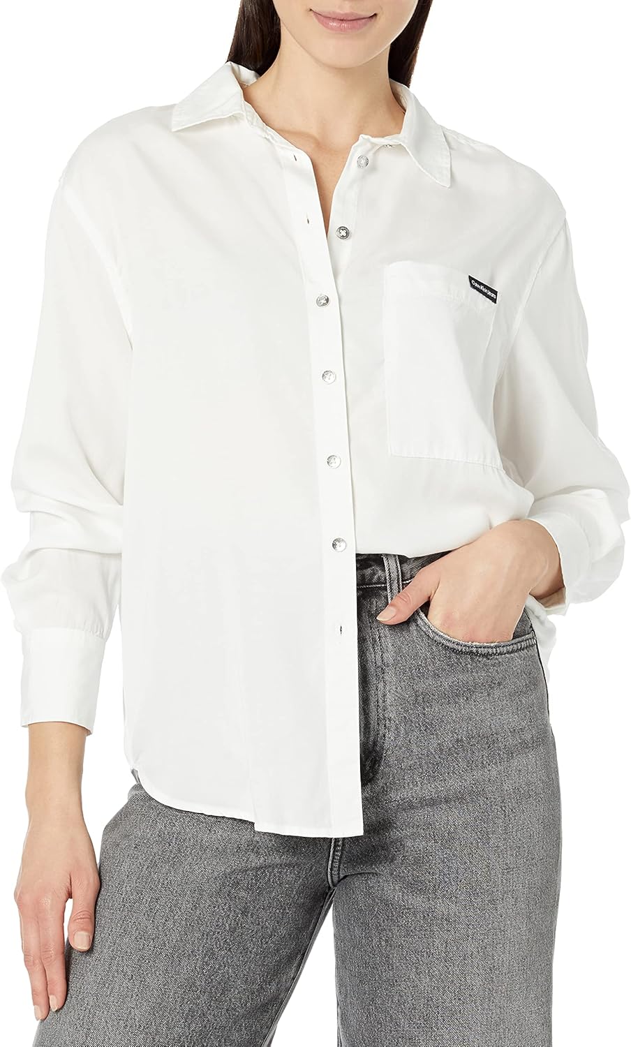 Женская рубашка Calvin Klein с разрезом по низу и застежкой на пуговицы, с отворотами на рукавах, White
Женская рубашка Calvin Klein с разрезом по низу и застежкой на пуговицы, с отворотами на рукавах, White