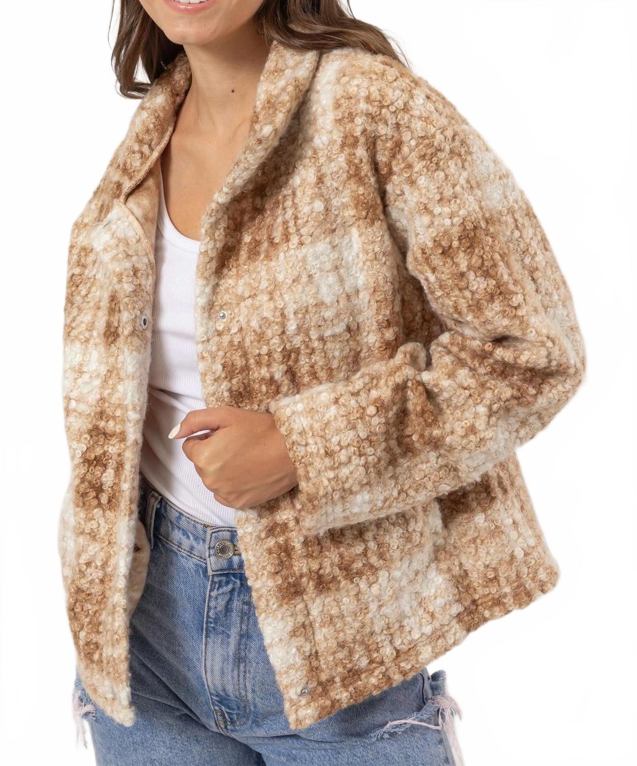 Жакет букле с клетчатым воротником и карманами, серо-коричневый HYFVE
Жакет букле с клетчатым воротником и карманами, серо-коричневый HYFVE