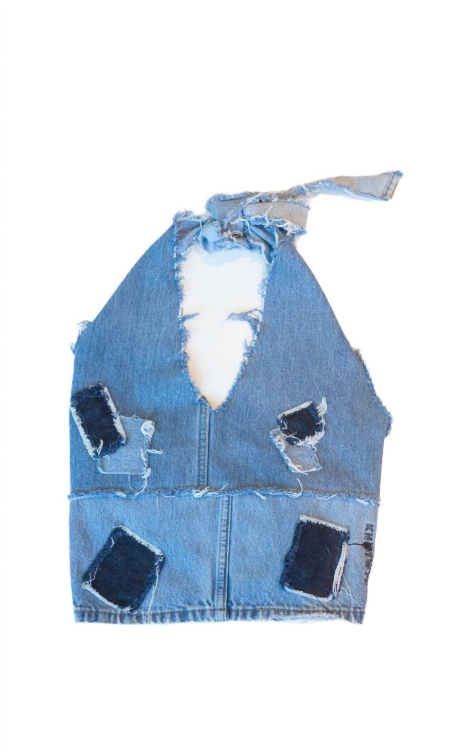 Женский джинсовый круглый топ синего цвета knotWTR
Женский джинсовый круглый топ синего цвета knotWTR