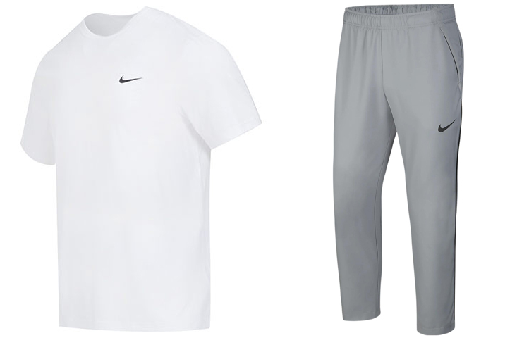 Повседневный спортивный костюм Nike: белая футболка и серые брюки
Повседневный спортивный костюм Nike: белая футболка и серые брюки