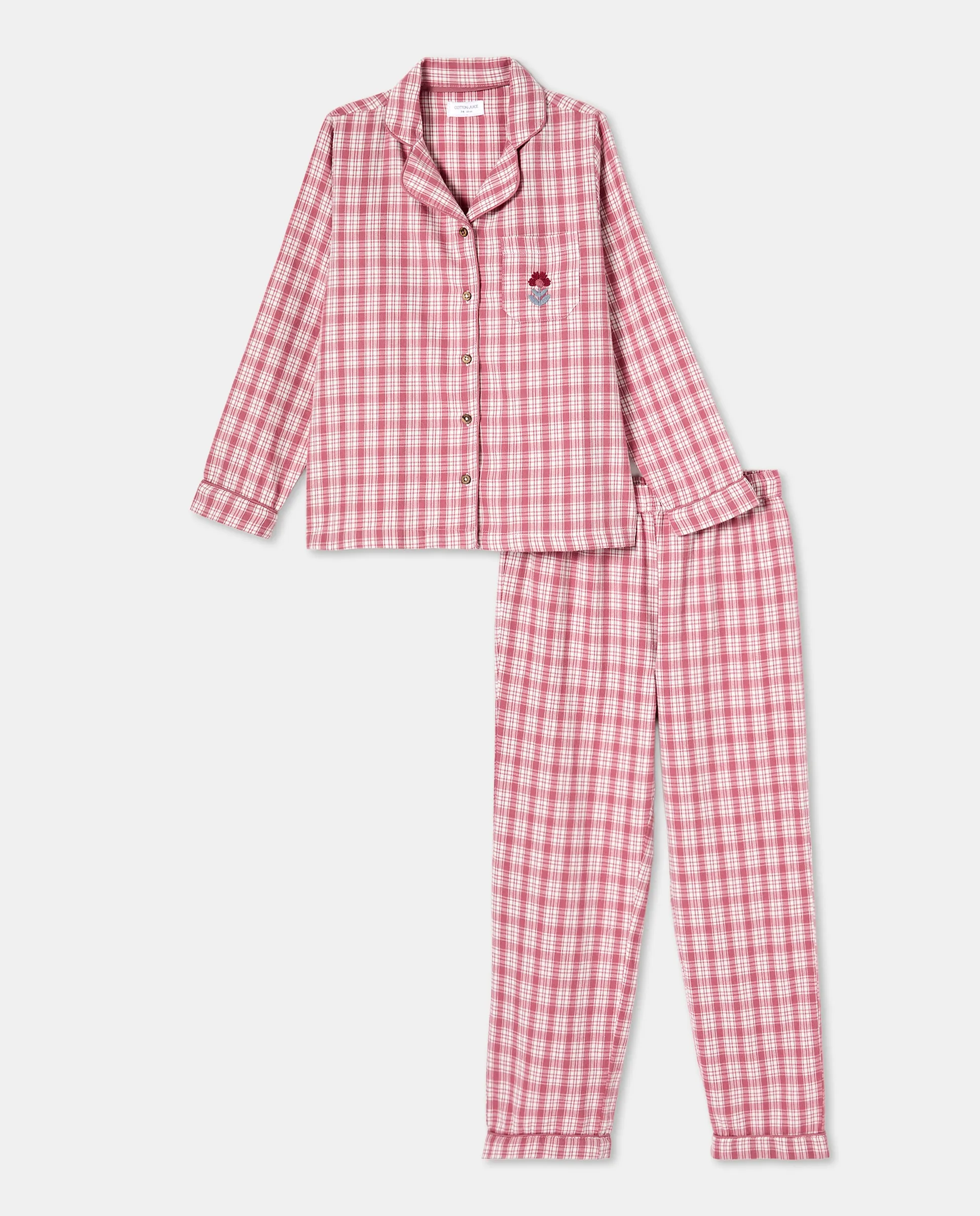 Длинная пижама на пуговицах в клетку для девочки Cotton Juice, розовый 
Длинная пижама на пуговицах в клетку для девочки Cotton Juice, розовый