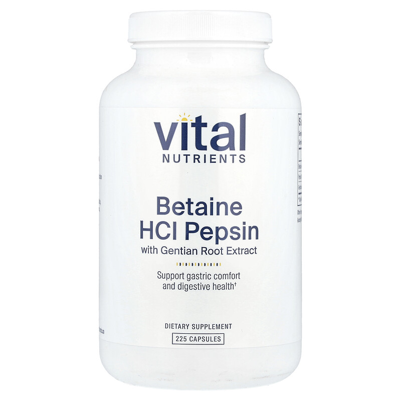 Vital Nutrients, Бетаин гидрохлорид, пепсин, экстракт корня горечавки, 225 капсул
Vital Nutrients, Бетаин гидрохлорид, пепсин, экстракт корня горечавки, 225 капсул