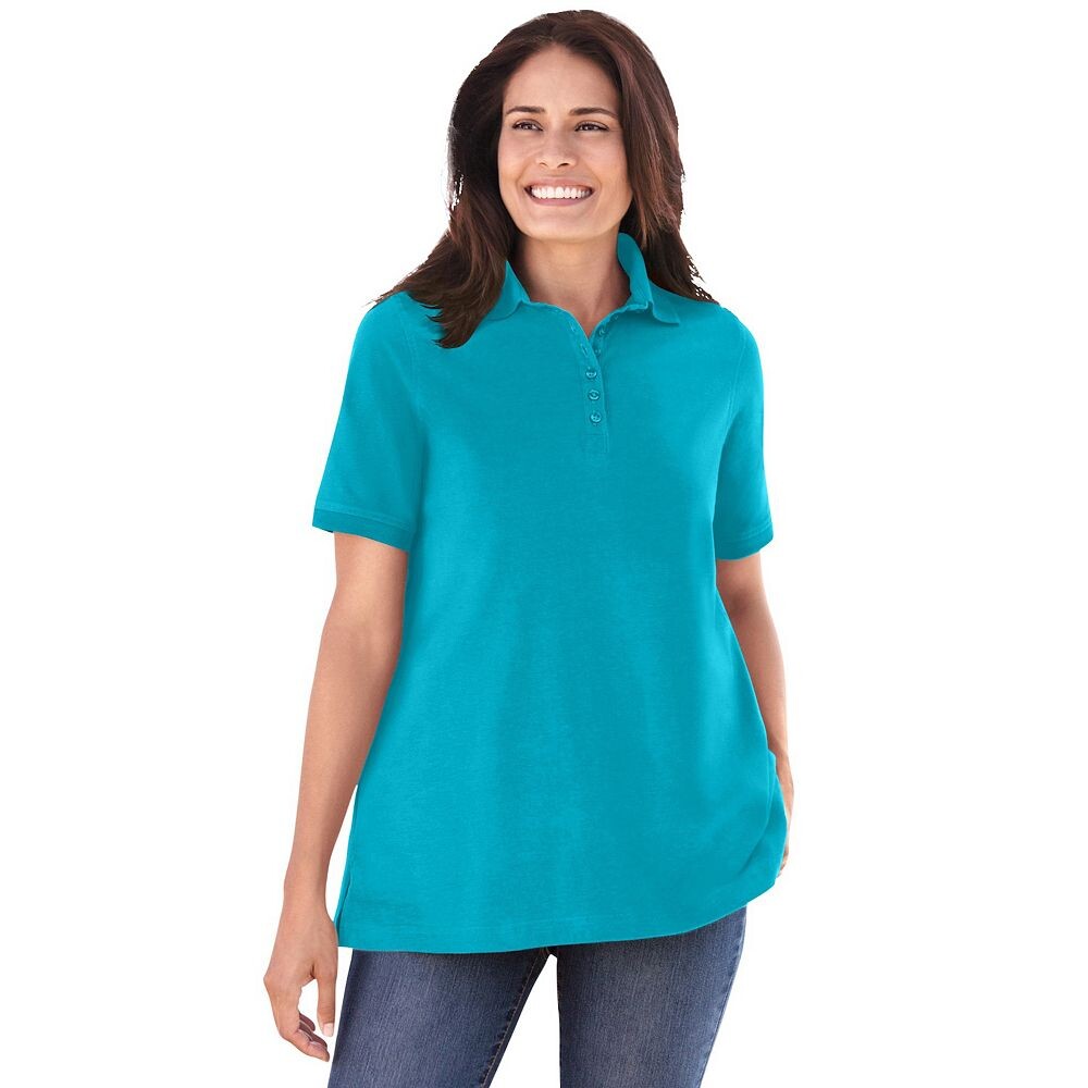 Женщина в женской идеальной рубашке поло с короткими рукавами больших размеров Woman Within, цвет Pretty Turquoise 
Женщина в женской идеальной рубашке поло с короткими рукавами больших размеров Woman Within, цвет Pretty Turquoise
