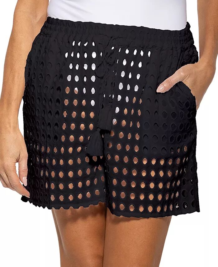 Женские хлопковые шорты с ажурным узором в горошек и завязками на талии Dotti, черный 
Женские хлопковые шорты с ажурным узором в горошек и завязками на талии Dotti, черный