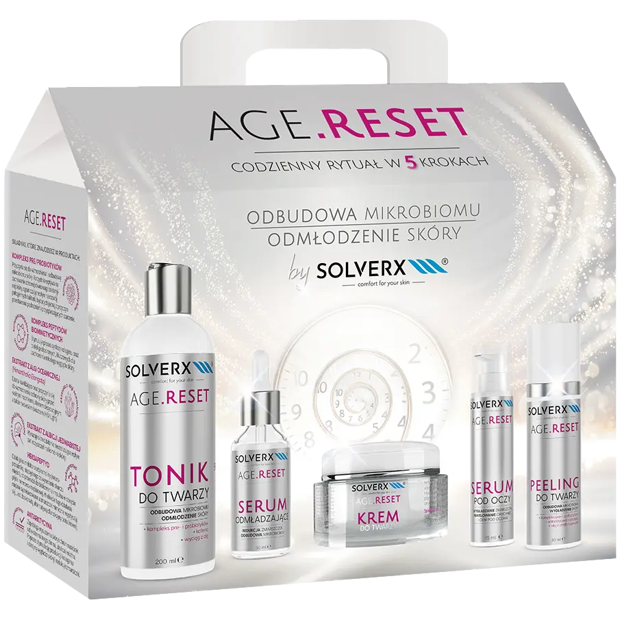 Solverx Age Reset набор: крем для лица, 50 мл + омолаживающая сыворотка для лица, 30 мл + сыворотка для глаз, 15 мл + скраб для лица, 30 мл + тоник для лица, 200 мл
Solverx Age Reset набор: крем для лица, 50 мл + омолаживающая сыворотка для лица, 30 мл + сыворотка для глаз, 15 мл + скраб для лица, 30 мл + тоник для лица, 200 мл