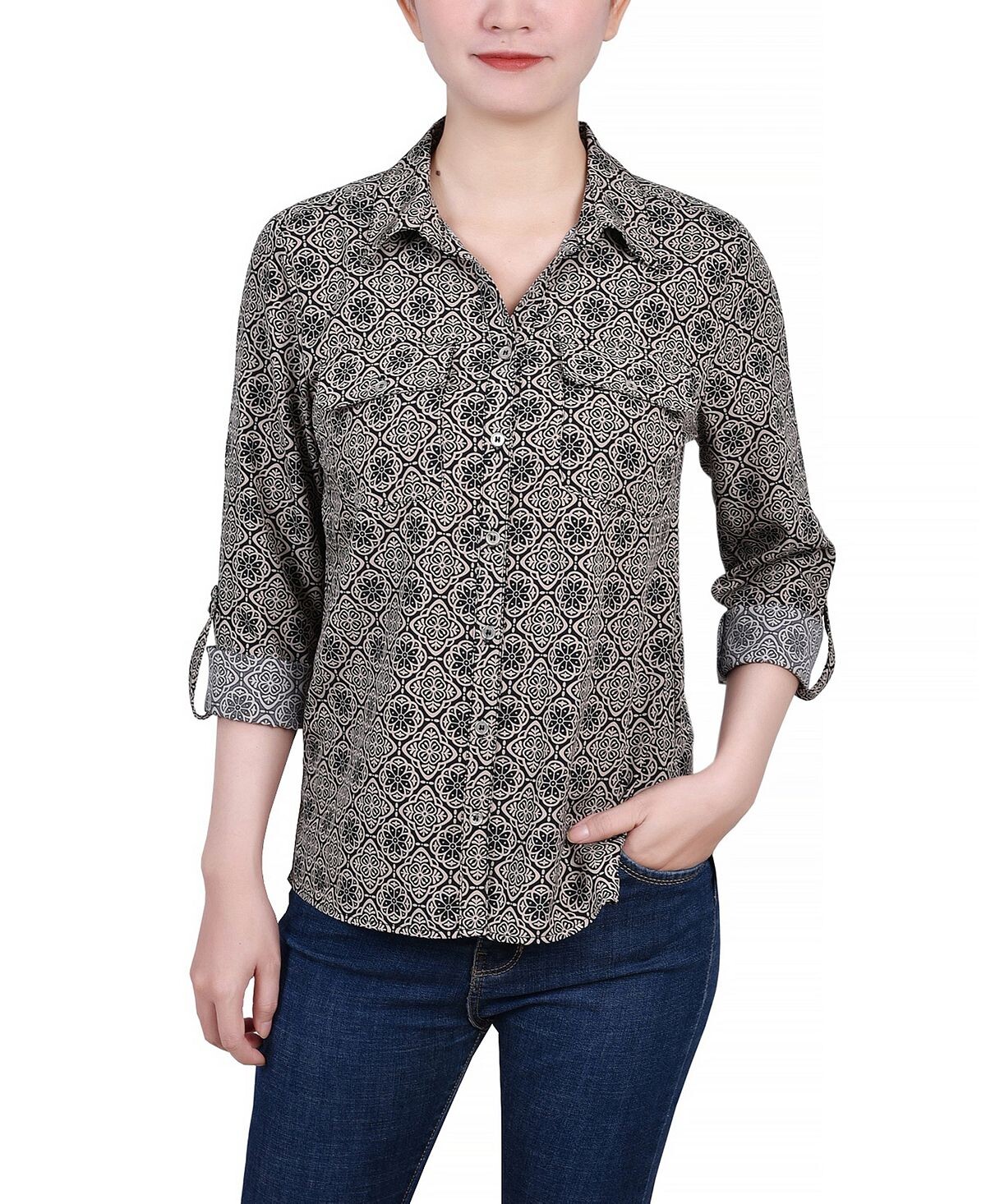 Женская рубашка с отворотом 3/4 и карманами NY Collection, мульти
Женская рубашка с отворотом 3/4 и карманами NY Collection, мульти