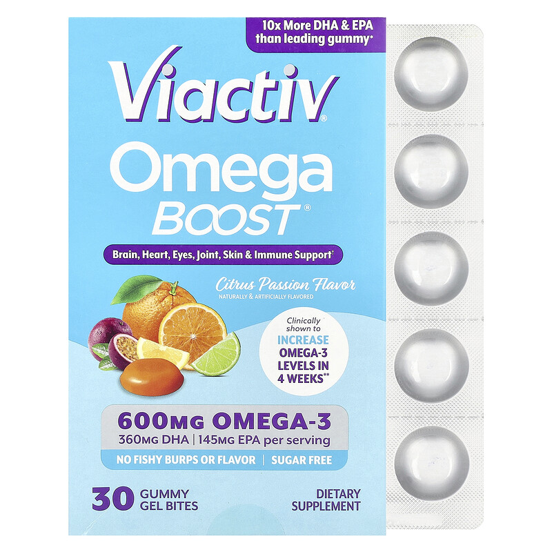 Viactiv, Omega Boost, жевательные мармеладки, цитрусовая страсть, 600 мг, 30 жевательных таблеток
Viactiv, Omega Boost, жевательные мармеладки, цитрусовая страсть, 600 мг, 30 жевательных таблеток