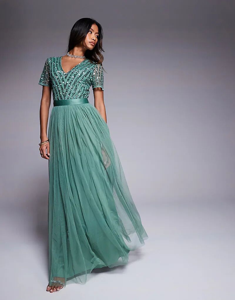 Длинное платье подружки невесты с поясом и полосками, темно-шалфейного цвета Maya
Длинное платье подружки невесты с поясом и полосками, темно-шалфейного цвета Maya