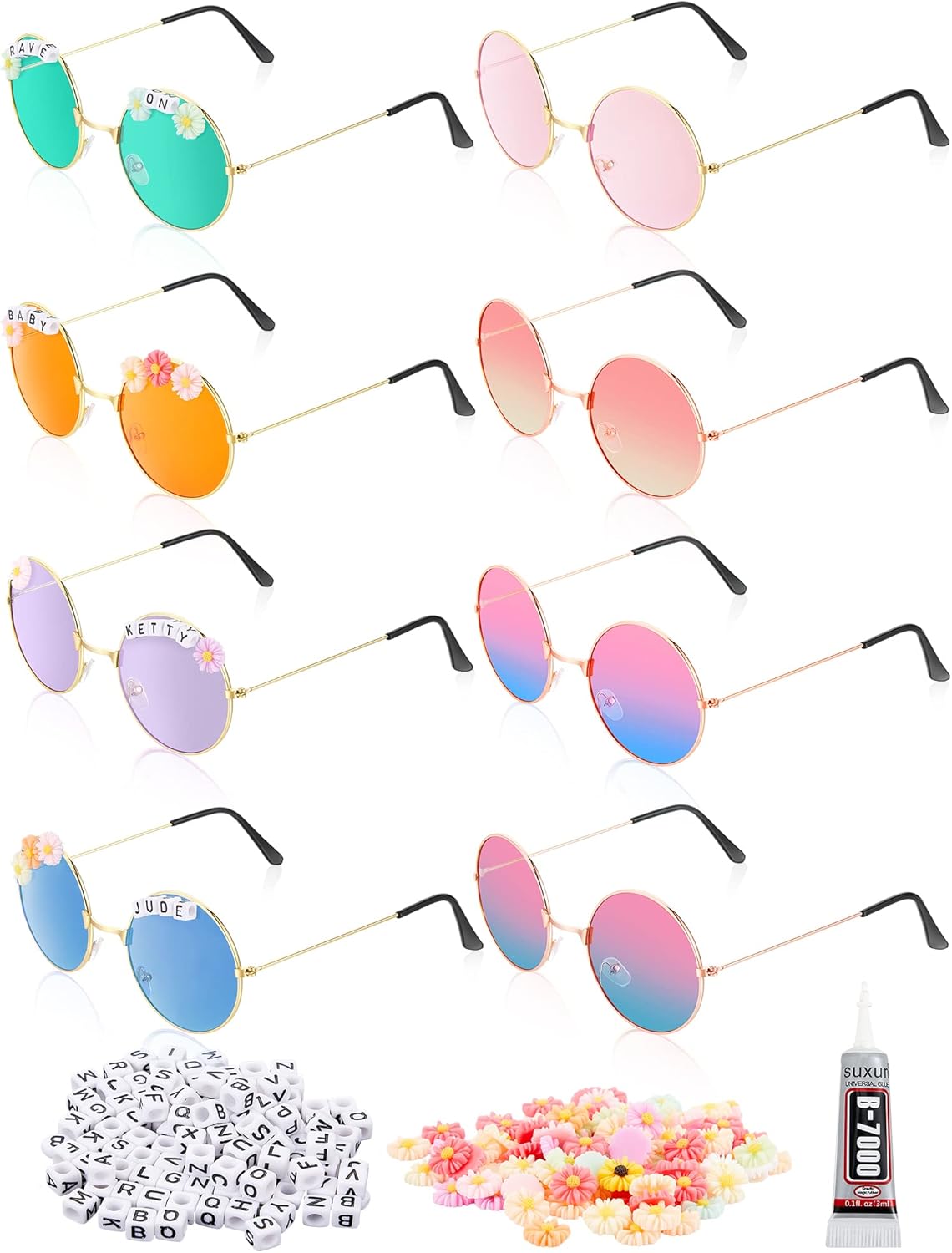 Набор Dunzy: 8 пар круглых солнцезащитных очков в стиле хиппи для самостоятельного изготовления, аксессуары для взрослых мужчин и женщин, 200 бусин в виде букв, 50 бусин в виде ромашек и клей (симпатичный цвет), Cute Color
Набор Dunzy: 8 пар круглых солнцезащитных очков в стиле хиппи для самостоятельного изготовления, аксессуары для взрослых мужчин и женщин, 200 бусин в виде букв, 50 бусин в виде ромашек и клей (симпатичный цвет), Cute Color