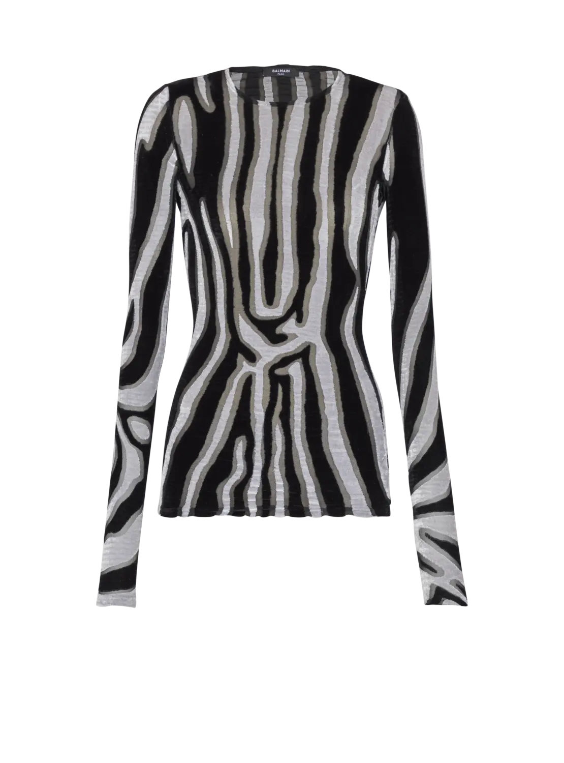 Облегающий топ из бархата с зебровым принтом Balmain, черный
Облегающий топ из бархата с зебровым принтом Balmain, черный