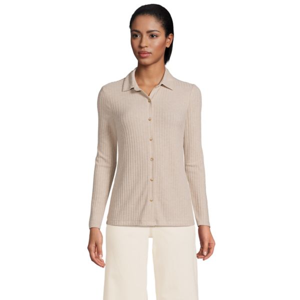 Женская поло с длинным рукавом, ребристой вязкой и застежкой на пуговицы Lands' End, цвет soft tan heather 
Женская поло с длинным рукавом, ребристой вязкой и застежкой на пуговицы Lands' End, цвет soft tan heather