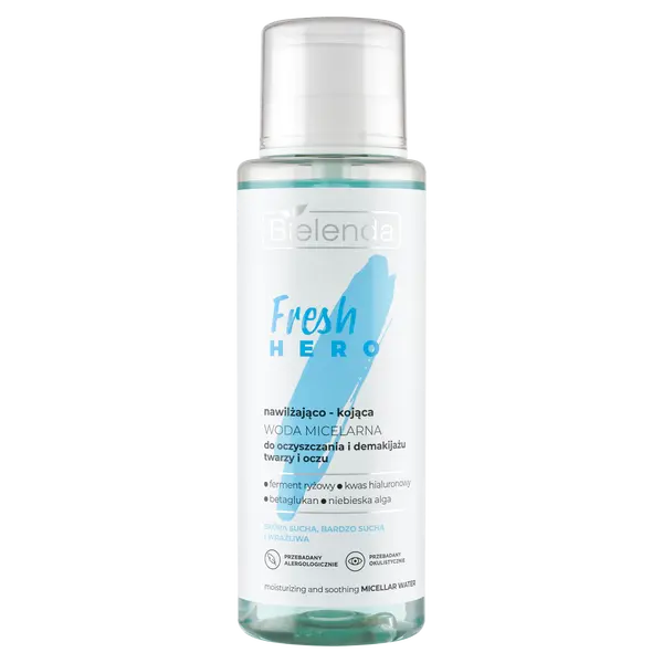 Увлажняющая и успокаивающая мицеллярная вода для очищения и снятия макияжа, 400 мл Bielenda Fresh hero
Увлажняющая и успокаивающая мицеллярная вода для очищения и снятия макияжа, 400 мл Bielenda Fresh hero