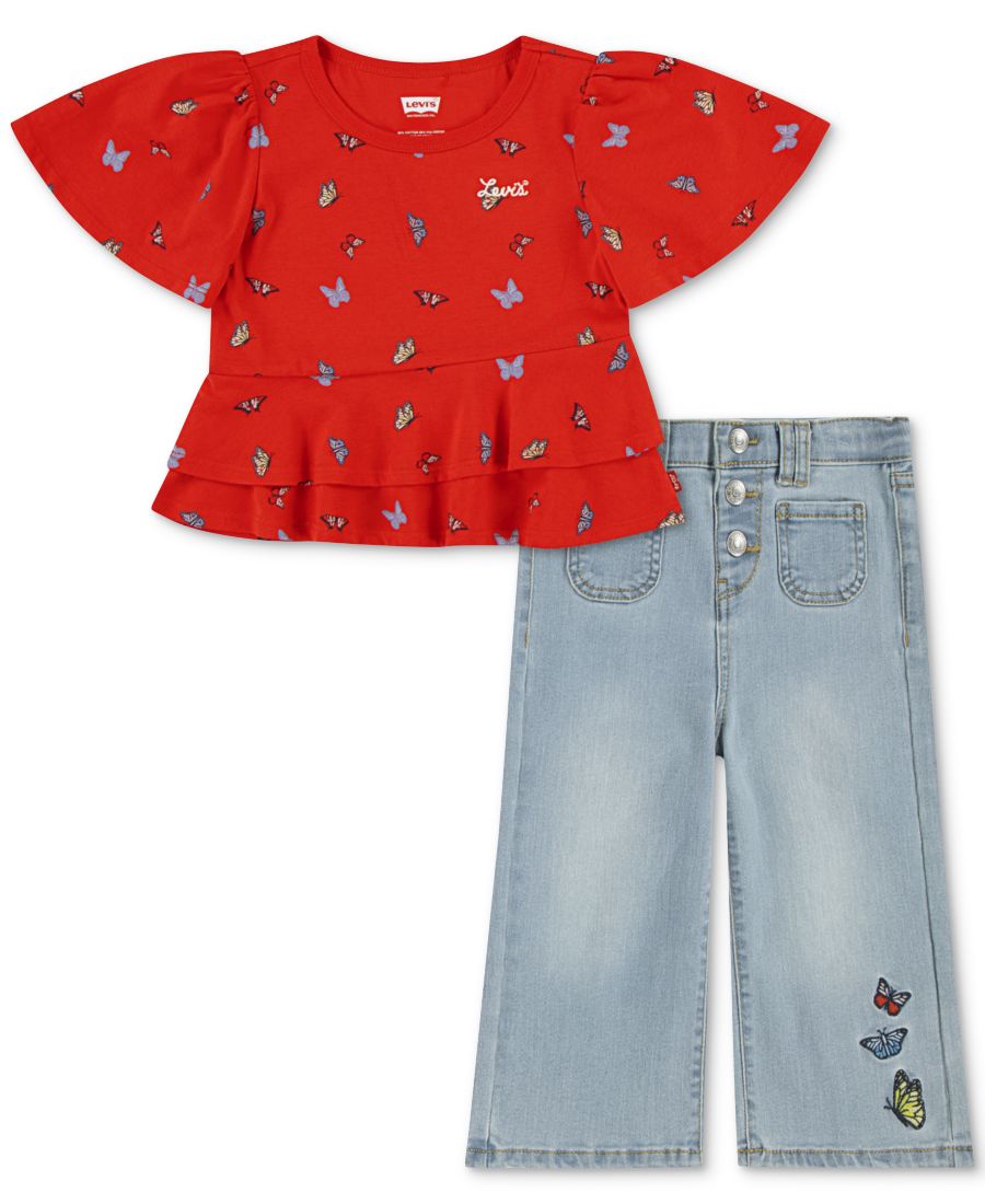 Детский комплект для девочек: топ с баской и принтом бабочек и джинсы с широкими штанинами, 2 предмета Levi's, Poppy Red
Детский комплект для девочек: топ с баской и принтом бабочек и джинсы с широкими штанинами, 2 предмета Levi's, Poppy Red