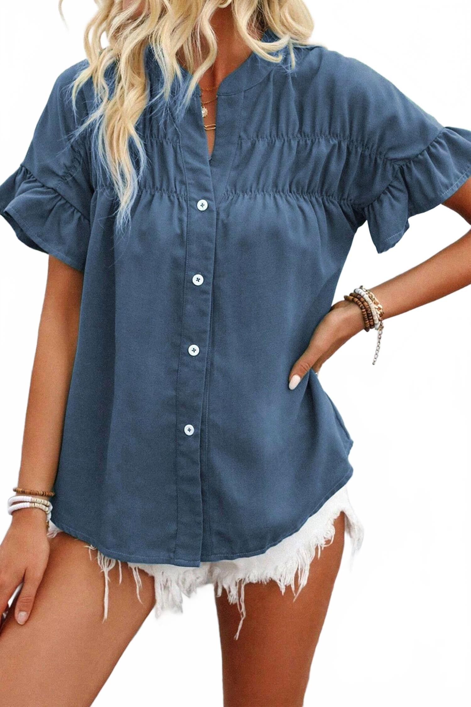 Топ с короткими рукавами и оборками синего цвета Shewin, синий
Топ с короткими рукавами и оборками синего цвета Shewin, синий