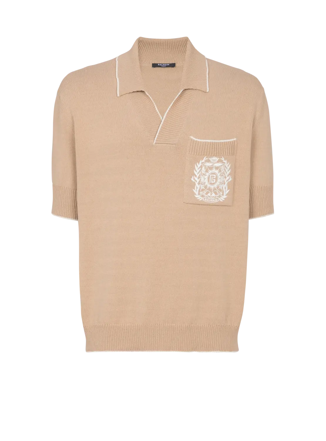 Вязаное поло Balmain с вышивкой Ecusson, бежевый
Вязаное поло Balmain с вышивкой Ecusson, бежевый