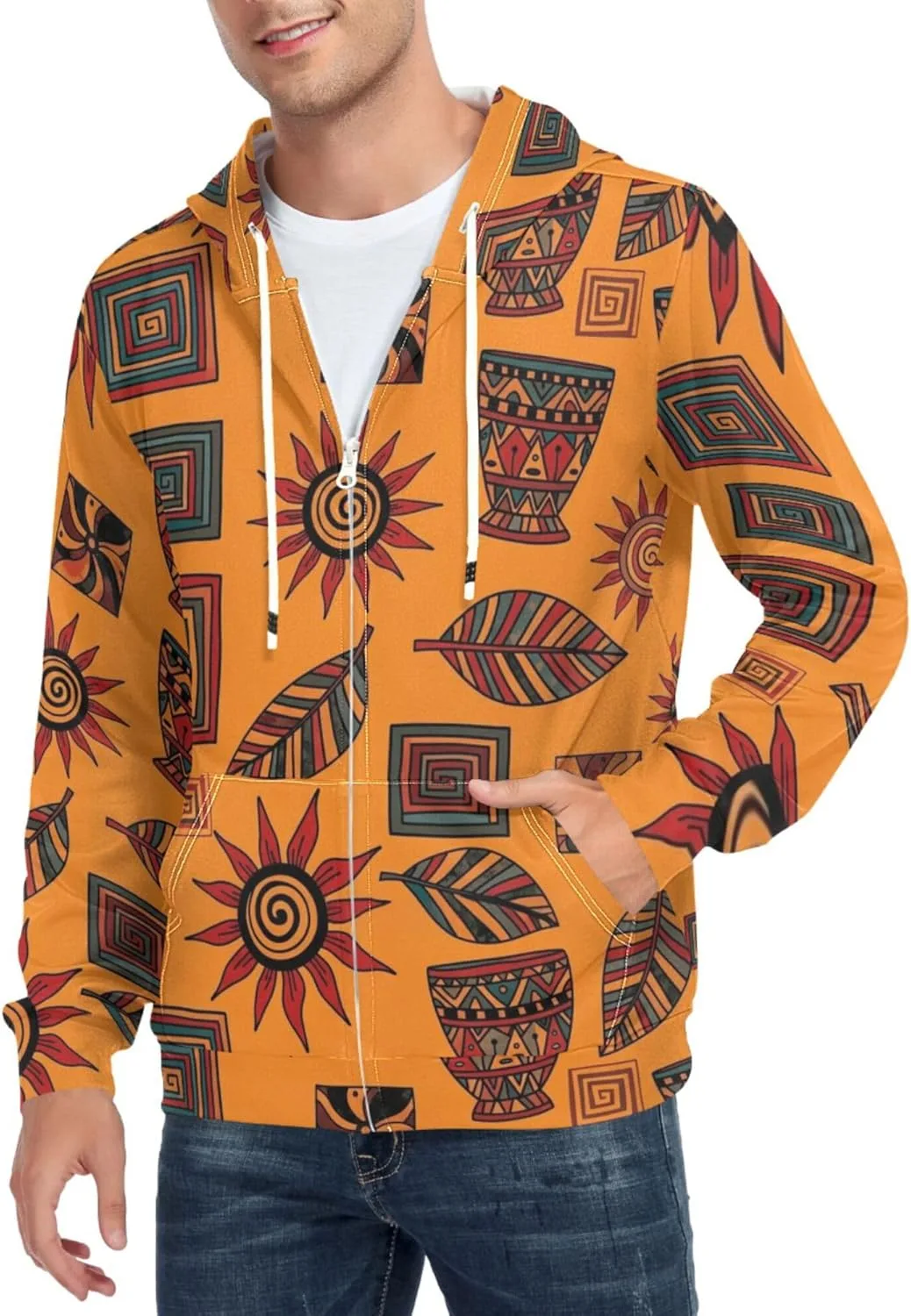 Мужская толстовка с капюшоном на молнии Bright Orange Tribal Design с карманом CUPADA
Мужская толстовка с капюшоном на молнии Bright Orange Tribal Design с карманом CUPADA