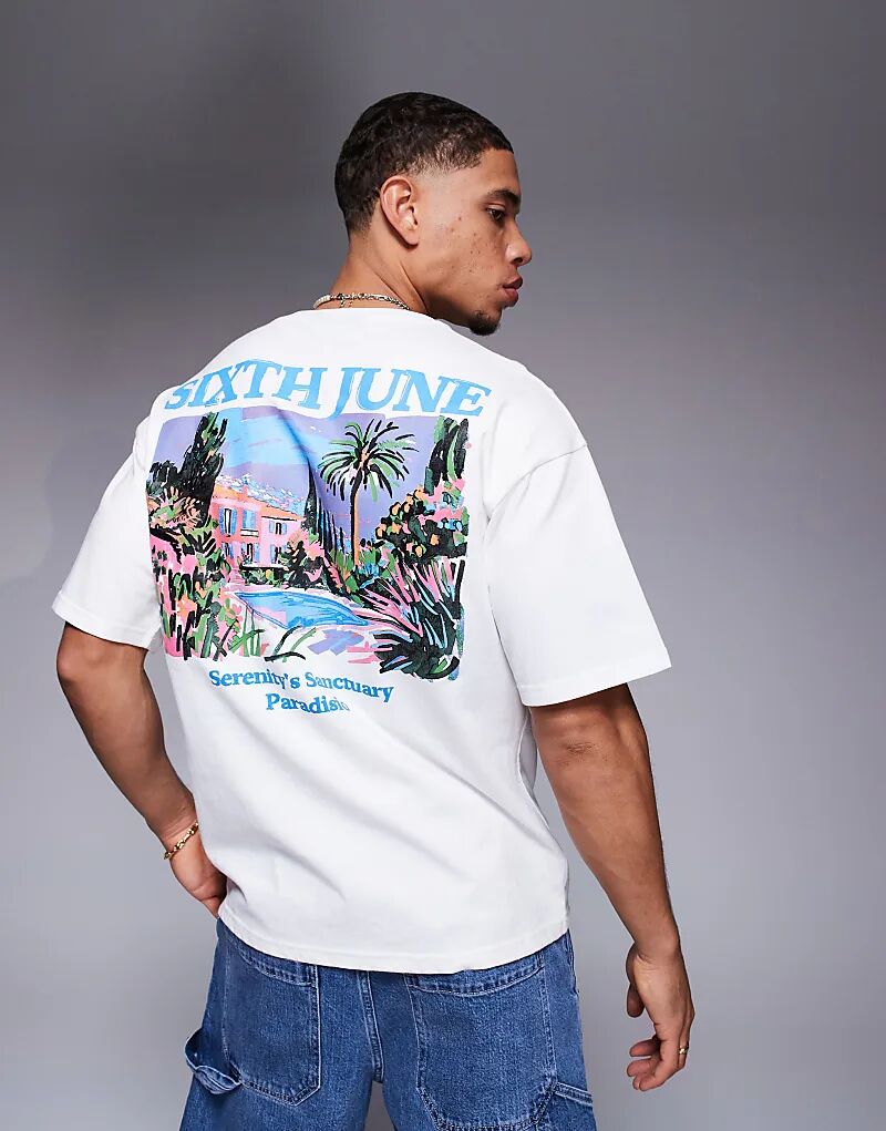 Футболка с принтом на спине «Безмятежность шестого июня» белого цвета
Футболка с принтом на спине «Безмятежность шестого июня» белого цвета