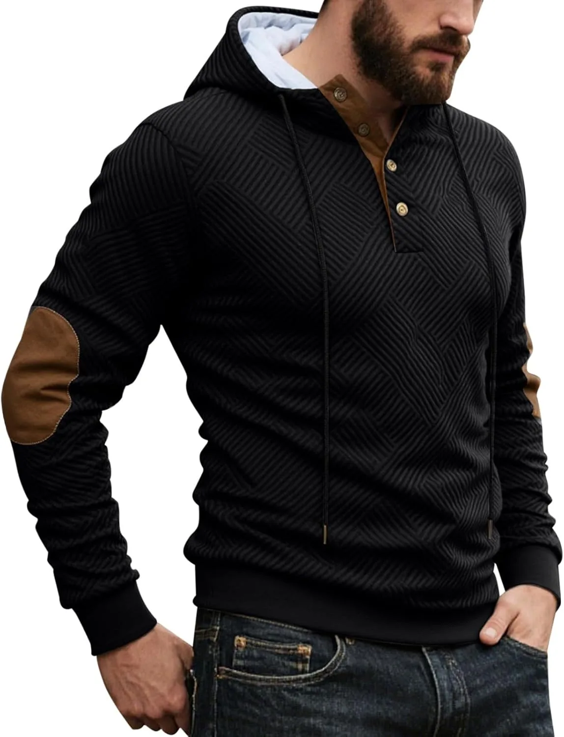 Мужской худи на половину пуговиц с длинным рукавом и нашивкой на локте
Мужской худи на половину пуговиц с длинным рукавом и нашивкой на локте