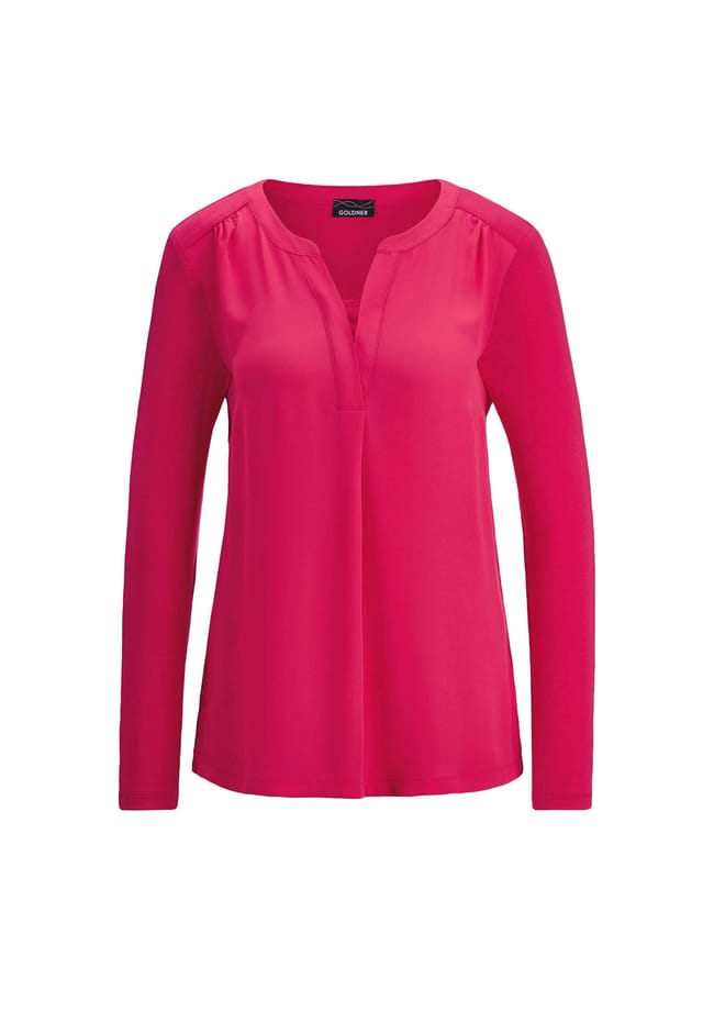 Короткий размер: блузка-рубашка с шифоновой вставкой Goldner, розовый
Короткий размер: блузка-рубашка с шифоновой вставкой Goldner, розовый