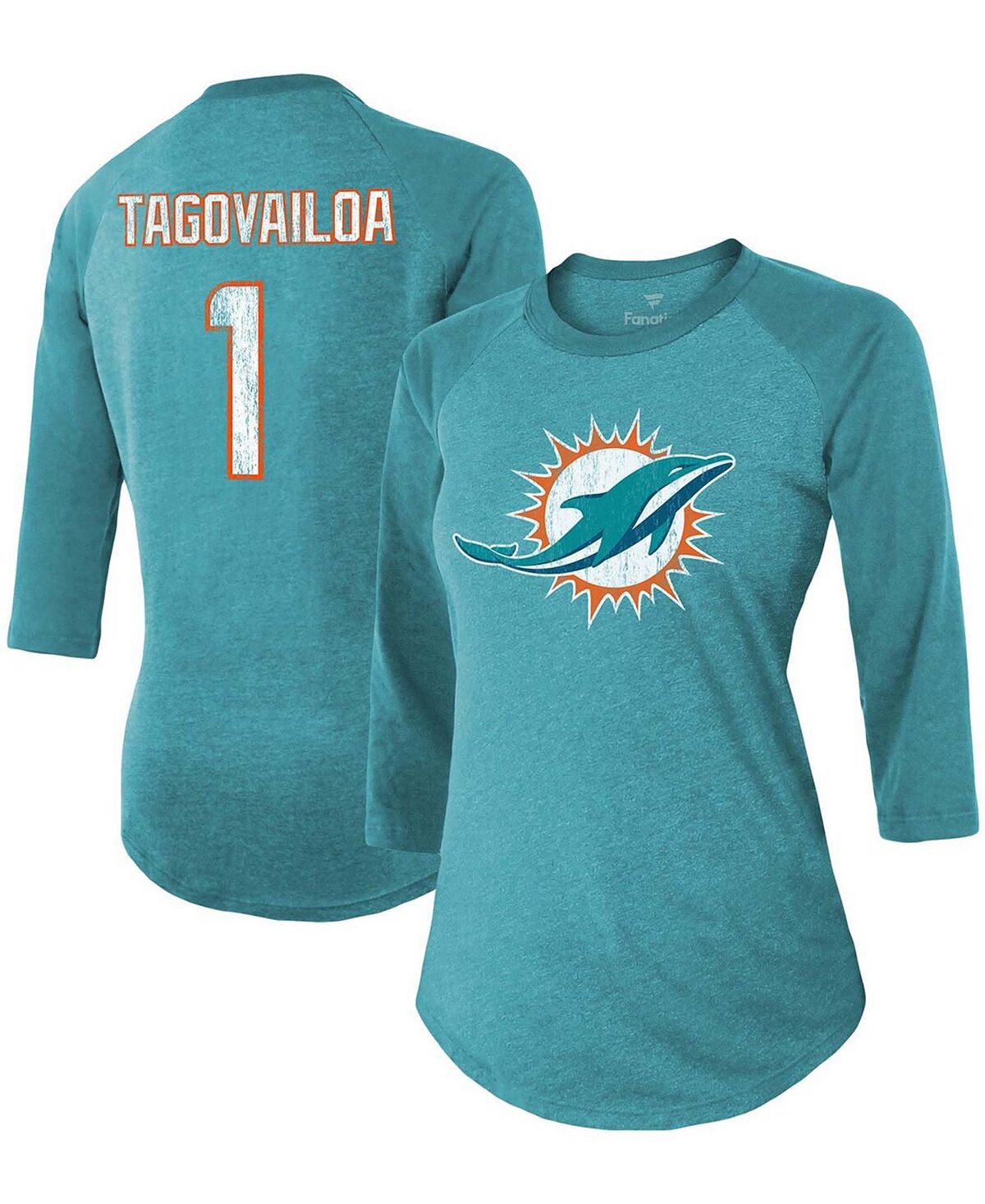 Женская футболка Tri-Blend Tua Tagovailoa Aqua Miami Dolphins с именем игрока, номером реглан, рукав 3/4 Fanatics
Женская футболка Tri-Blend Tua Tagovailoa Aqua Miami Dolphins с именем игрока, номером реглан, рукав 3/4 Fanatics