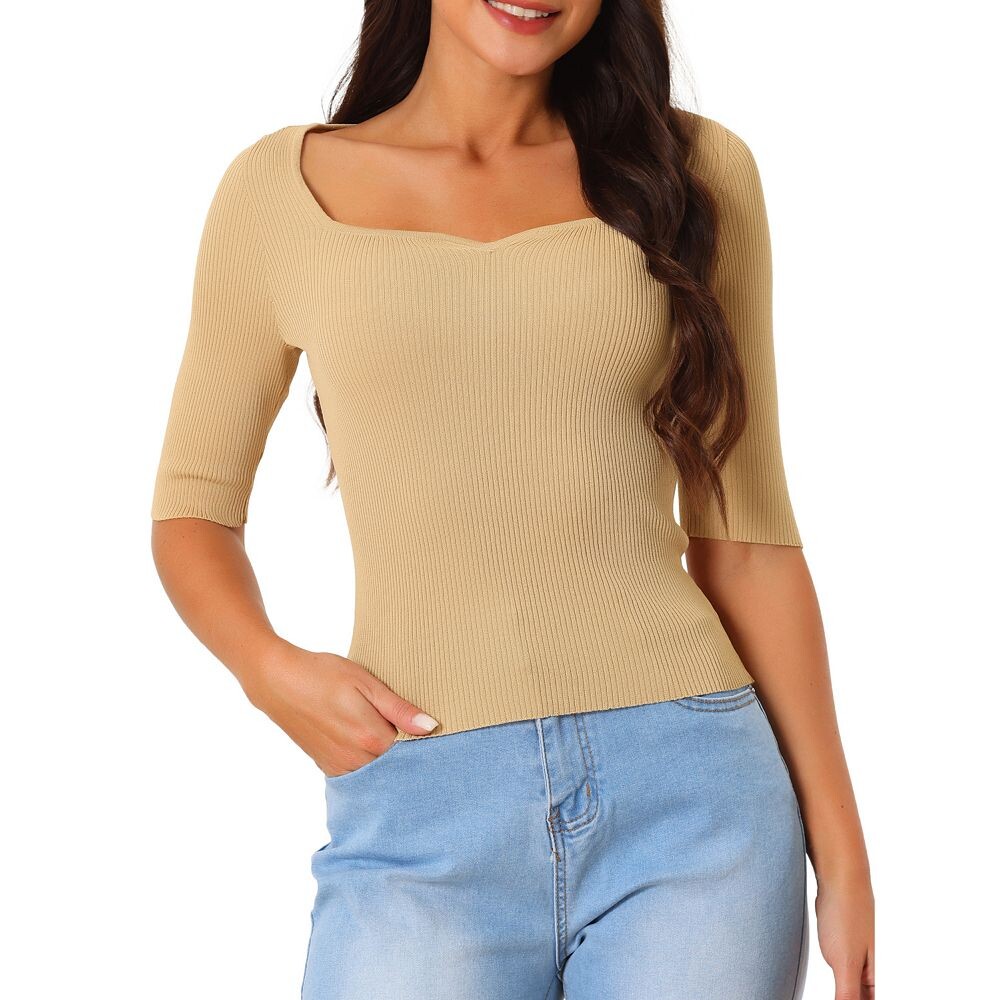 Женская однотонная блузка-свитер с квадратным вырезом и рукавами до локтя в рубчик Seta T, цвет Khaki 
Женская однотонная блузка-свитер с квадратным вырезом и рукавами до локтя в рубчик Seta T, цвет Khaki