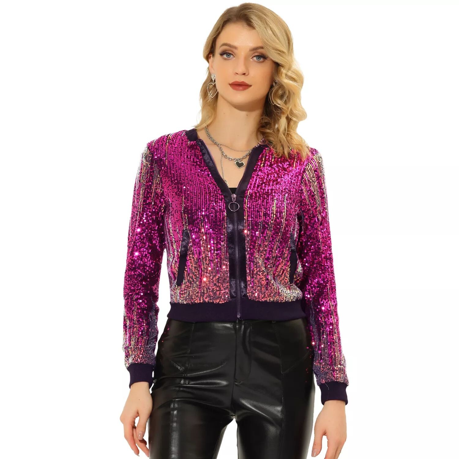 Женская короткая куртка-бомбер на молнии с блестящими пайетками и длинными рукавами ALLEGRA K
Женская короткая куртка-бомбер на молнии с блестящими пайетками и длинными рукавами ALLEGRA K